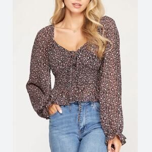 She + Sky floral print smocked puff shoulder blouse
